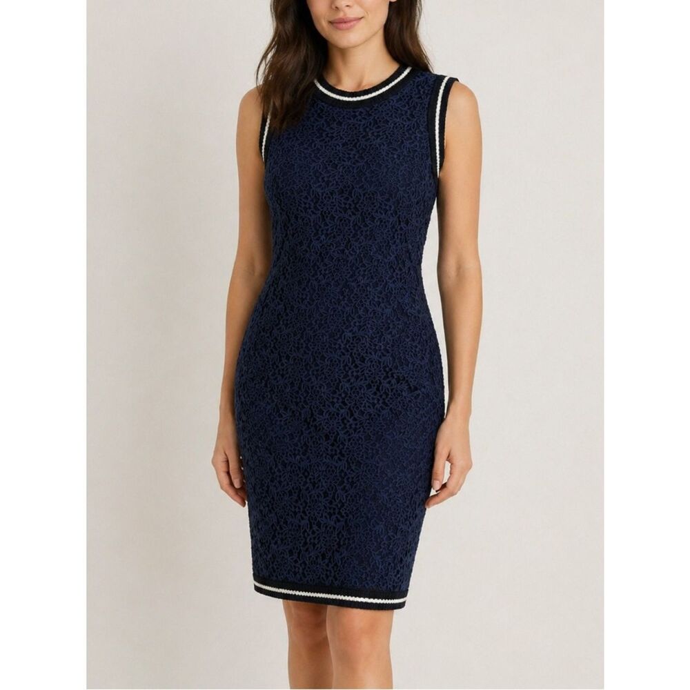 Vakko Navy Lace Sheath Dress Sleeveless Sport Trim Back Zip Size 2